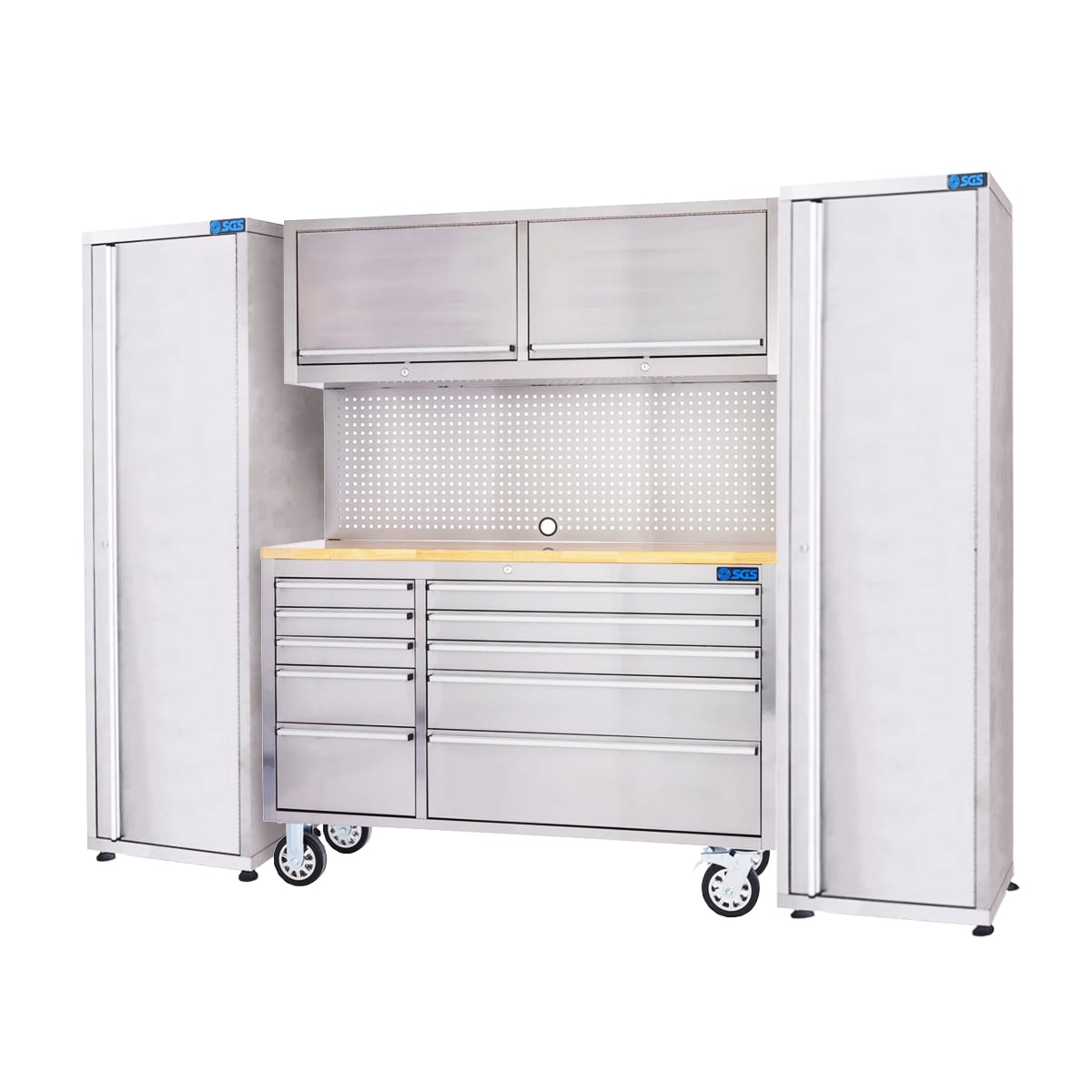 SGS 55in 10 Drawer Stainless Steel Work Bench with Upper Cabinet and 2x Side Cabinets